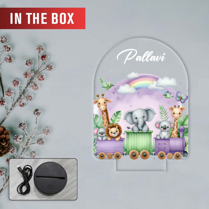 Personalized Safari Animal Train UV Print Night Light Custom Name Kids Nursery Lamp